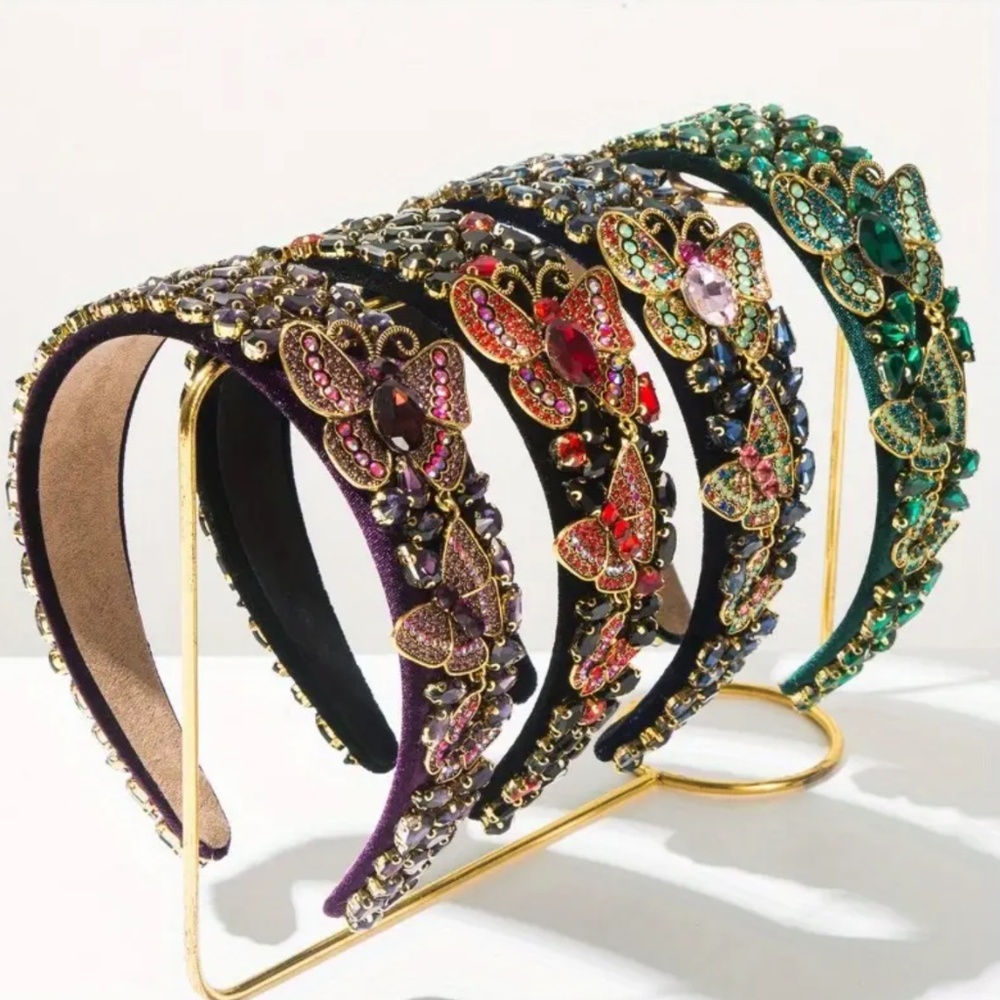 Green Butterfly Rhinestone Headband - Picture 2 of 5